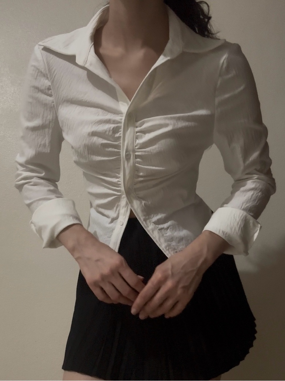 White Ruched Button-Down Shirt - Picture 2 of 7
